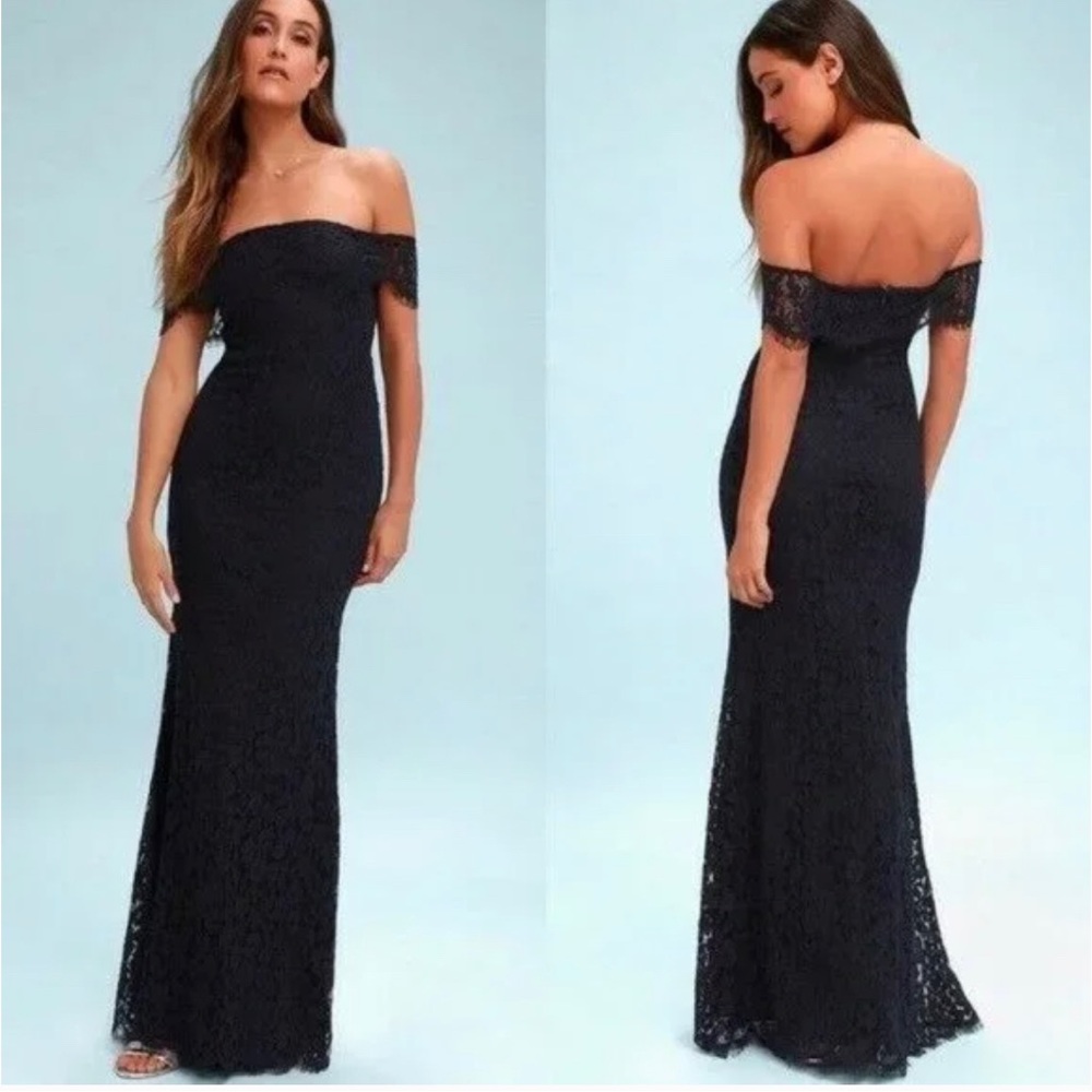 Lulus Romantic Heart Navy Blue Off Shoulder Lace Maxi Dress Size Medium